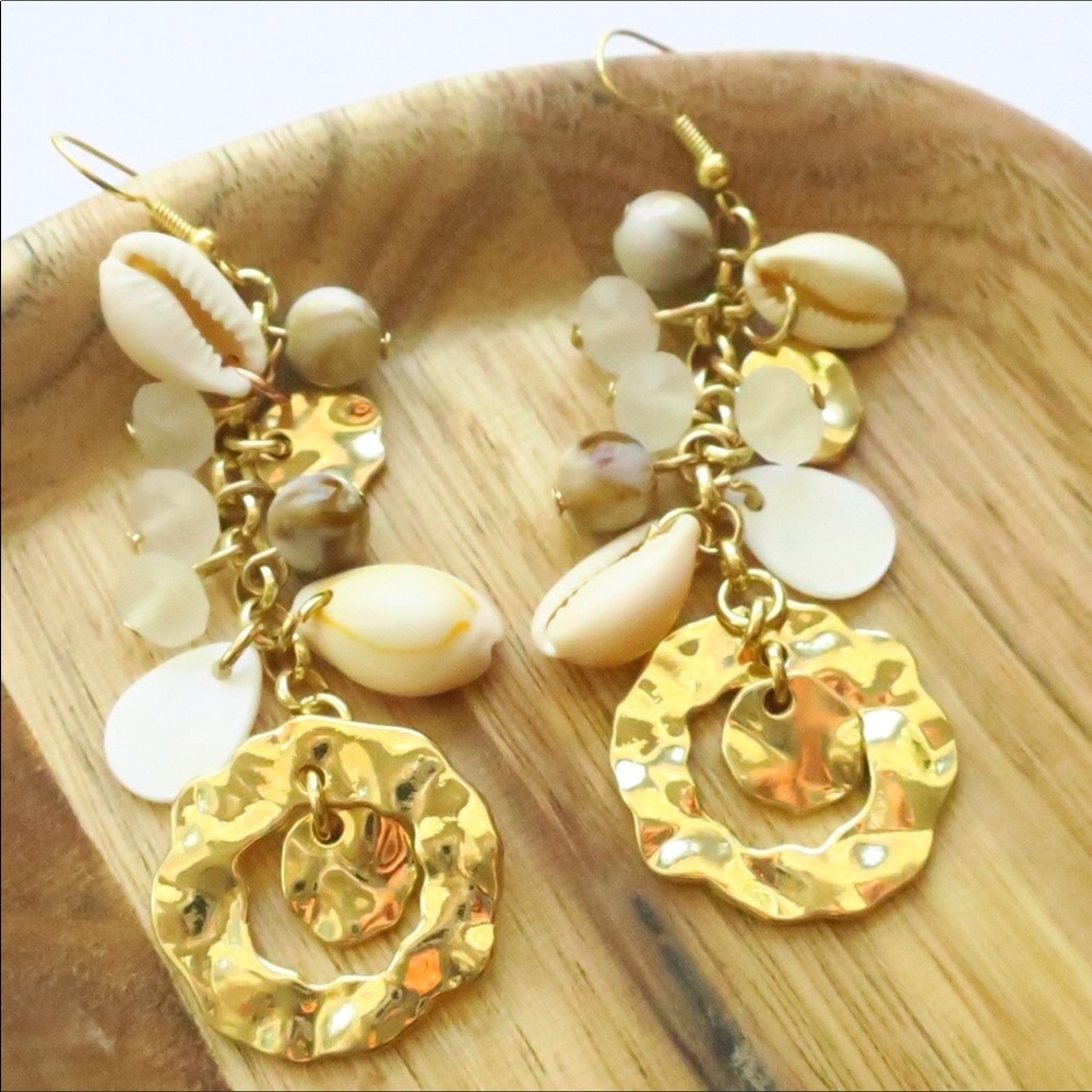 Hammered Coastal Shell Dangle Earrings - Picture 2 of 7